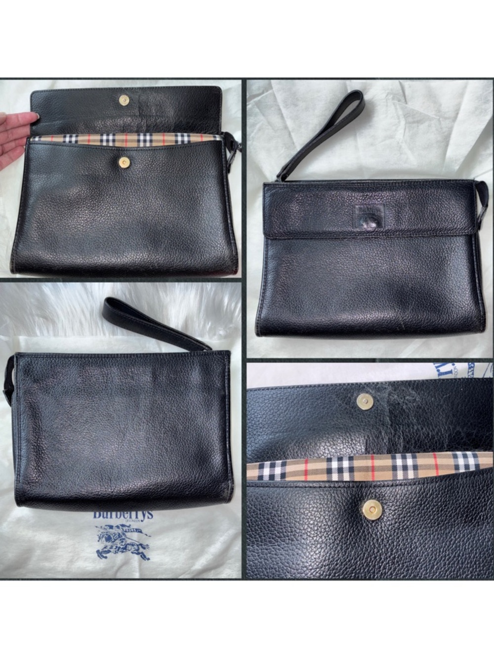 Vintage Burberry Black Leather Toiletry/Cosmetic Pouch with Signature Check Trim